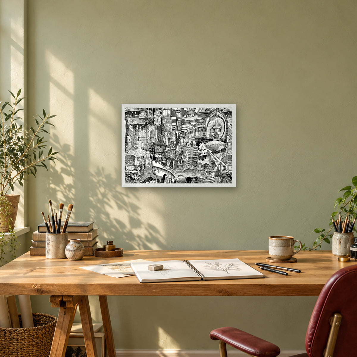 Munich fine art poster A3 landscape in a white wood frame above a drawing desk in a sage-green studio