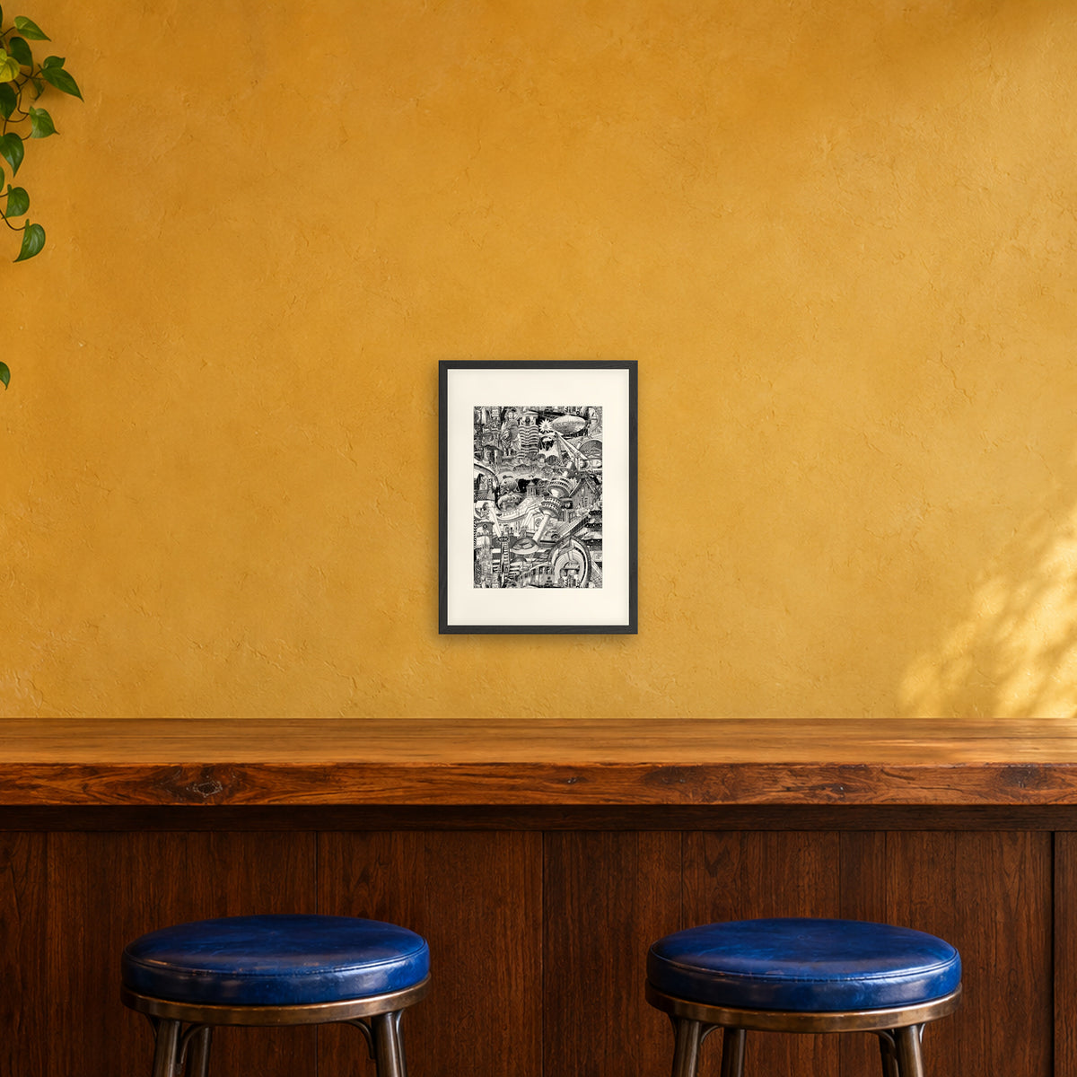 Munich fine art poster A3 portrait in a black wood frame with white passepartout above a café bar counter