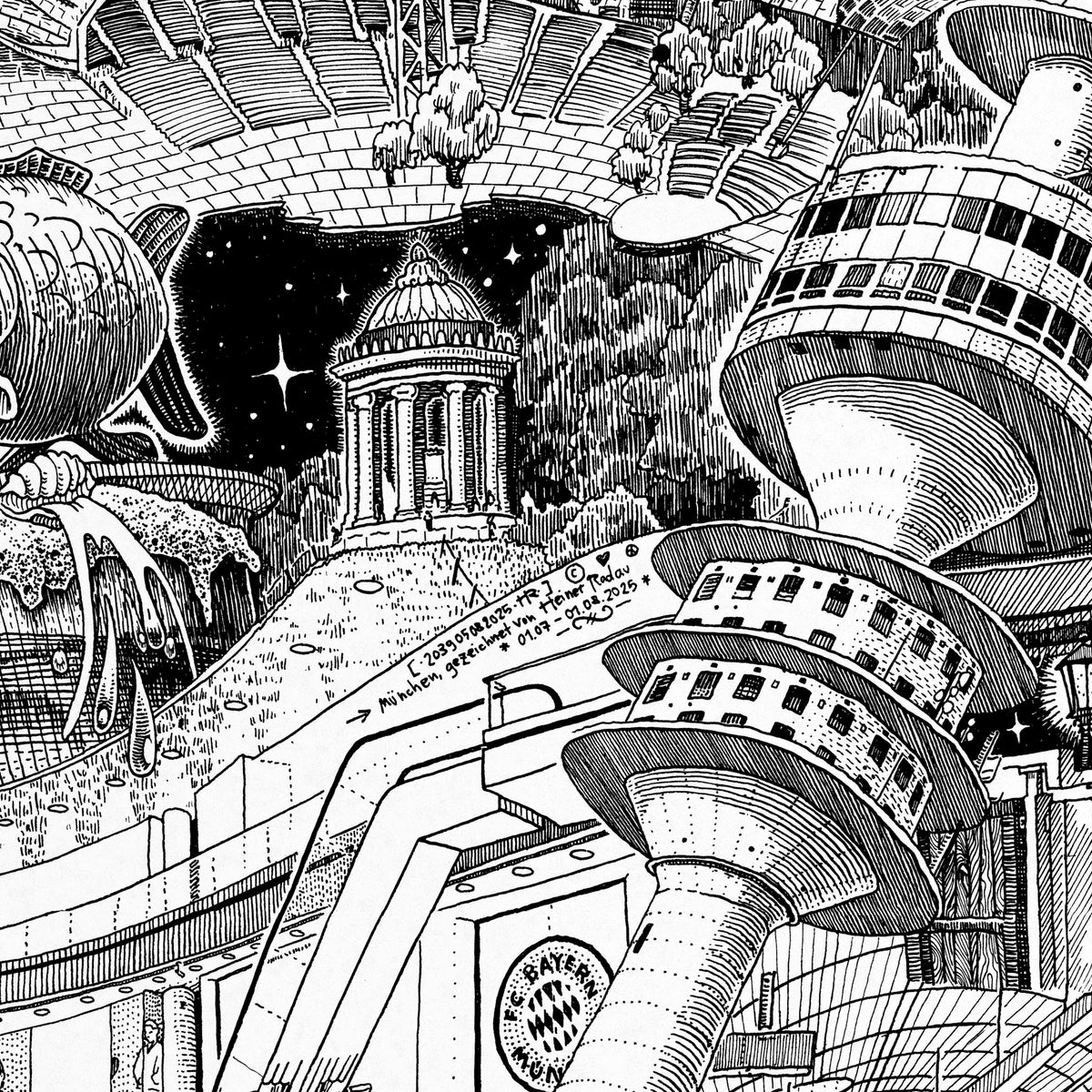 Close-up of the Munich pen and ink drawing printed on matte 230 g/m² fine art paper