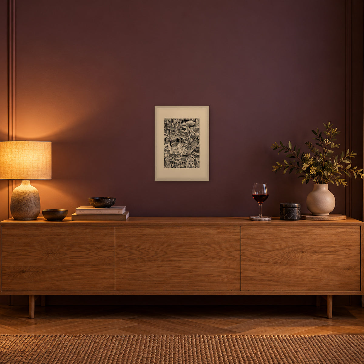 Munich fine art poster A3 portrait in a white wood frame with passepartout above an oak sideboard in evening light