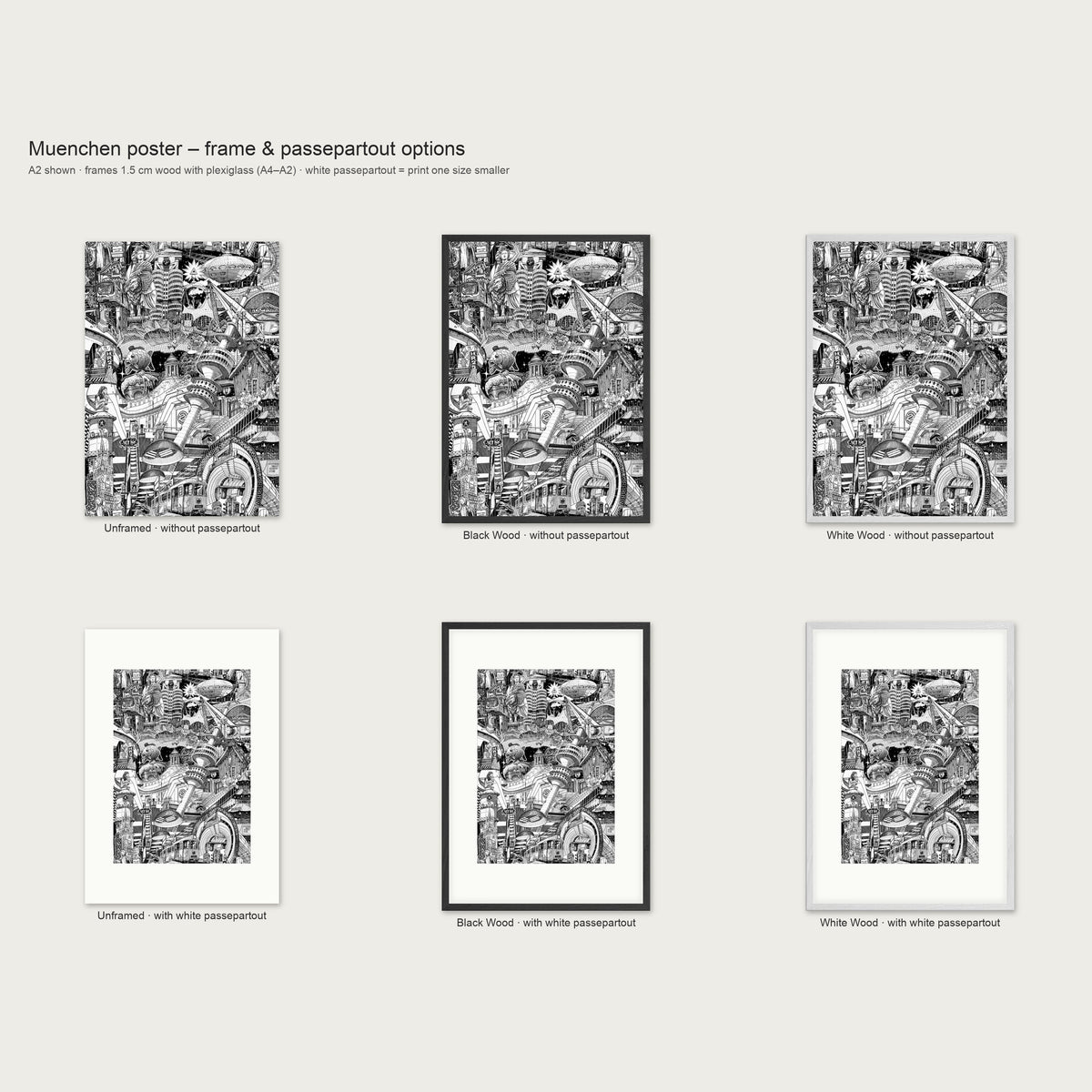 Frame and passepartout options for the Munich portrait poster: unframed, black wood or white wood, with or without white passepartout