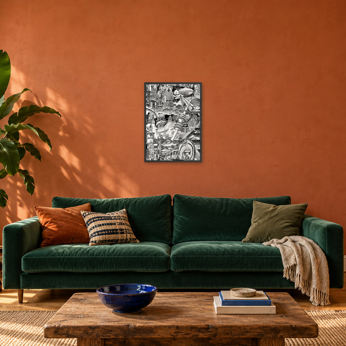 Munich fine art poster A2 portrait in a black wood frame above a green velvet sofa in a terracotta living room