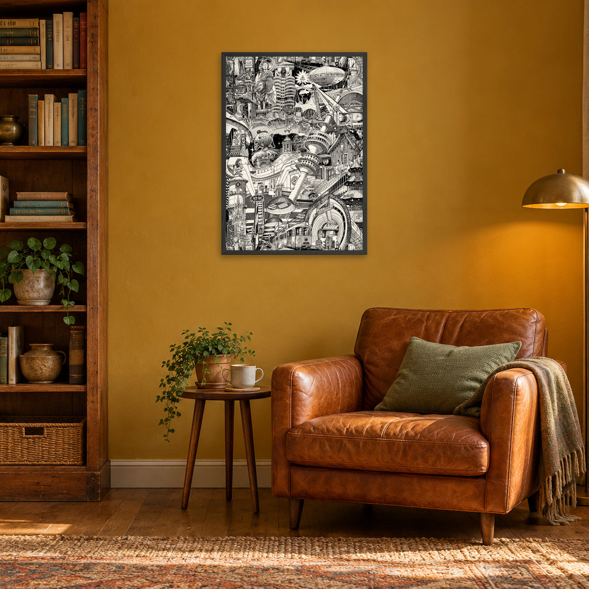 Munich fine art poster A1 portrait in a black wood frame above a leather armchair in a mustard-yellow reading corner