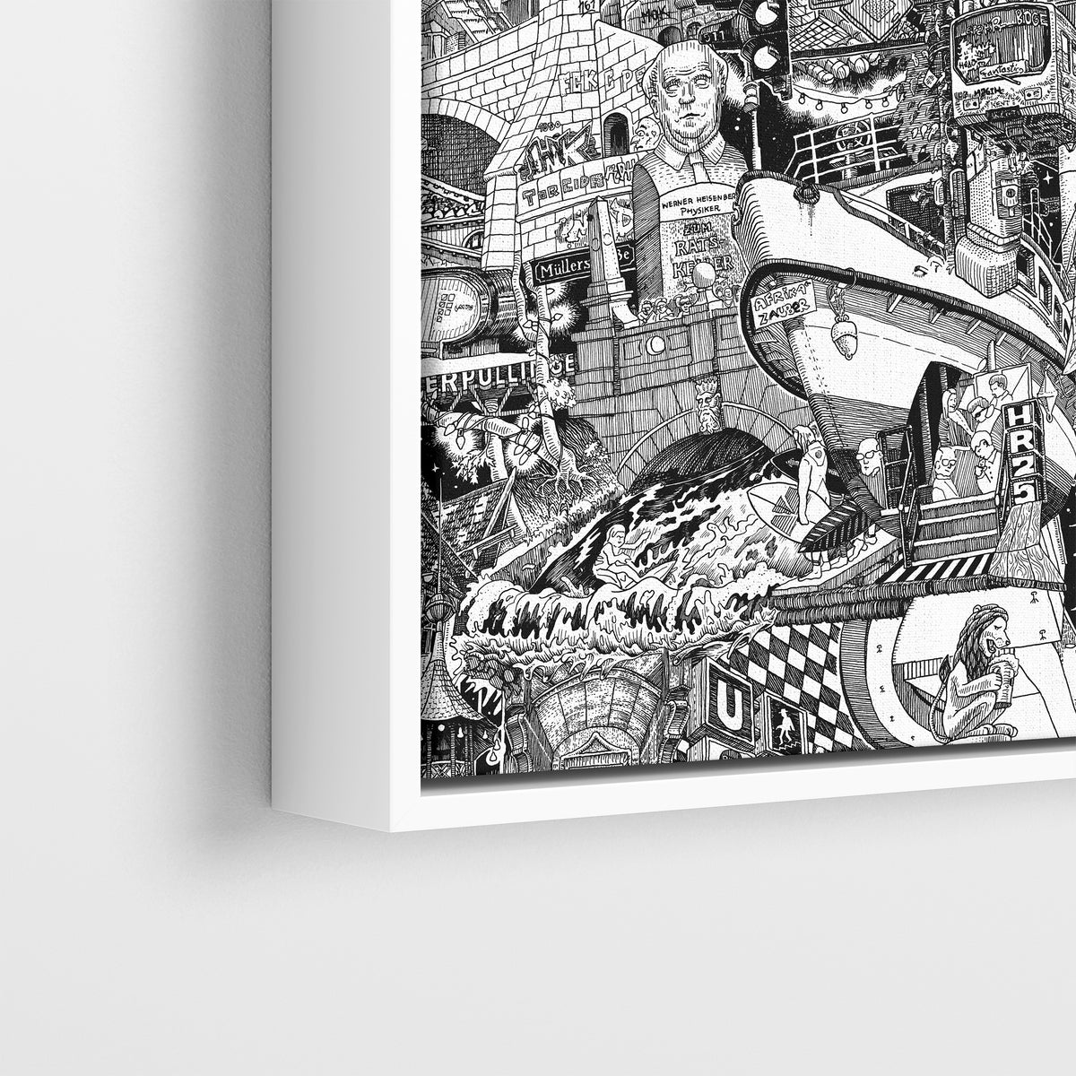 Weiss gerahmtes Muenchen-Canvas-Detail mit Werner-Heisenberg-Bueste, Eisbachwelle mit Surfern, Ratskeller und Muellerschem Volksbad in der handgezeichneten Stadt-Collage.