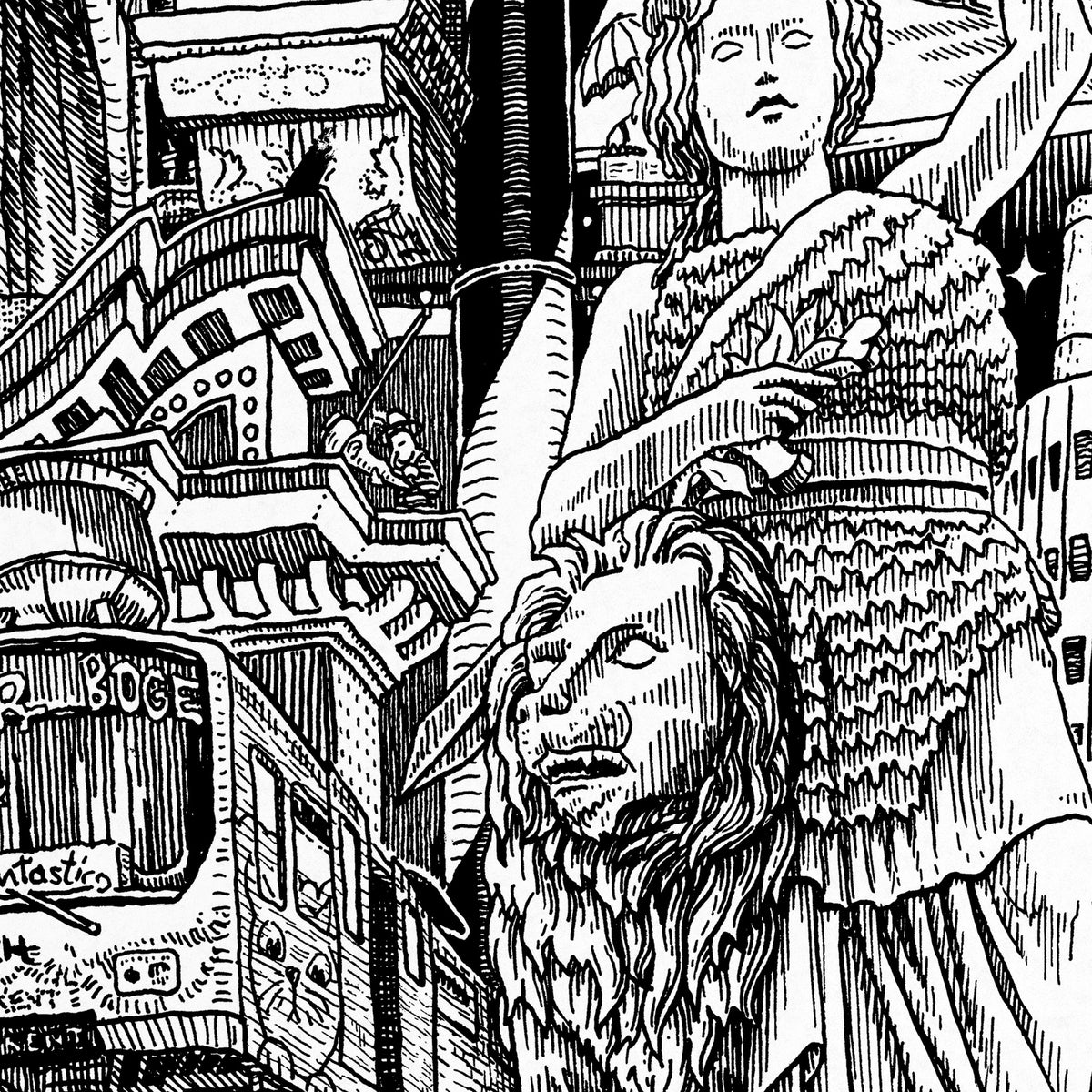 Close-up of the Munich pen and ink drawing printed on matte 230 g/m² fine art paper