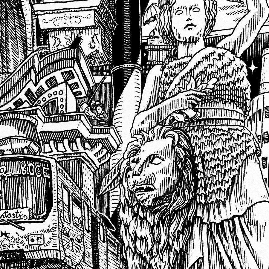 Close-up of the Munich pen and ink drawing printed on matte 230 g/m² fine art paper