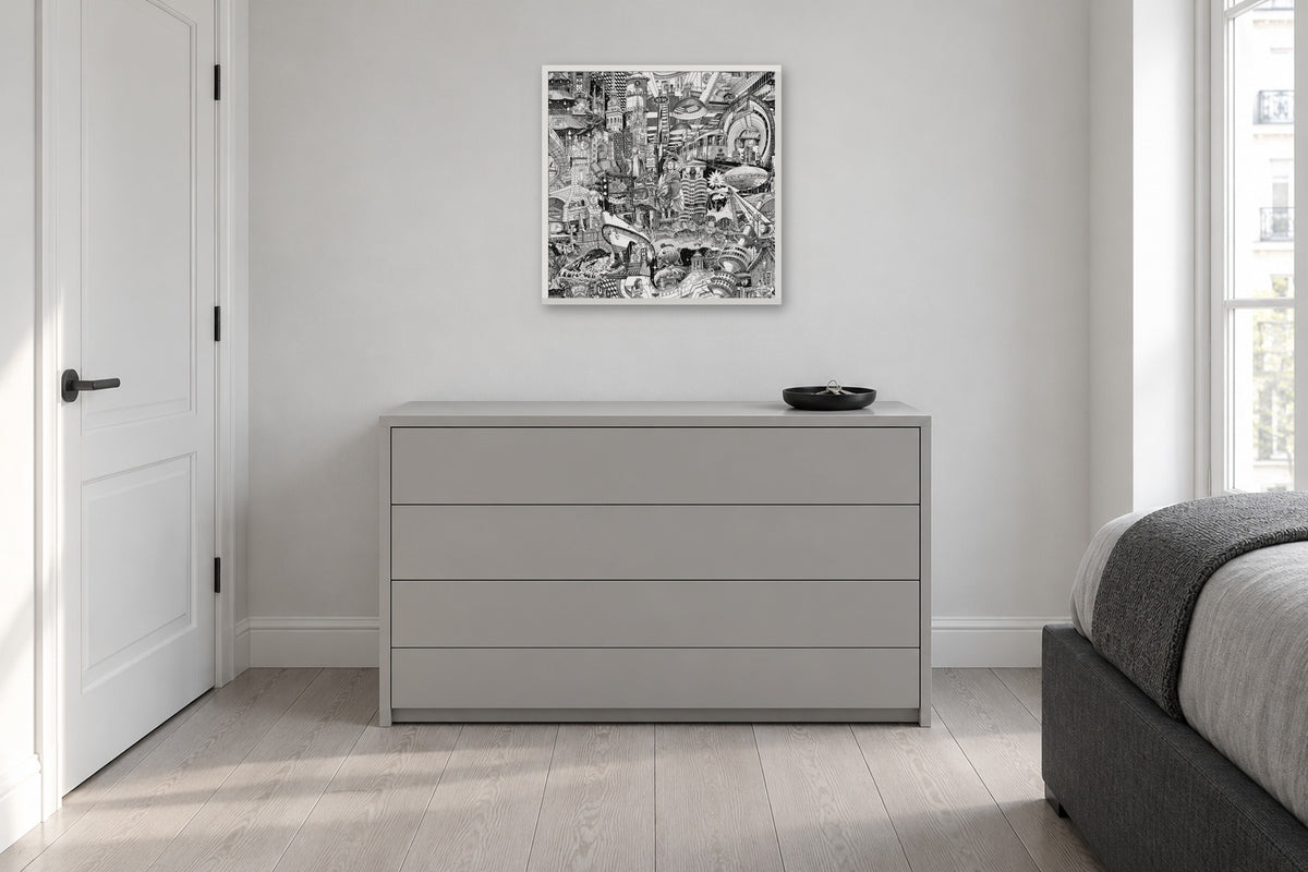 Munich fine art poster 50 × 50 cm in a white wood frame above a chest of drawers
