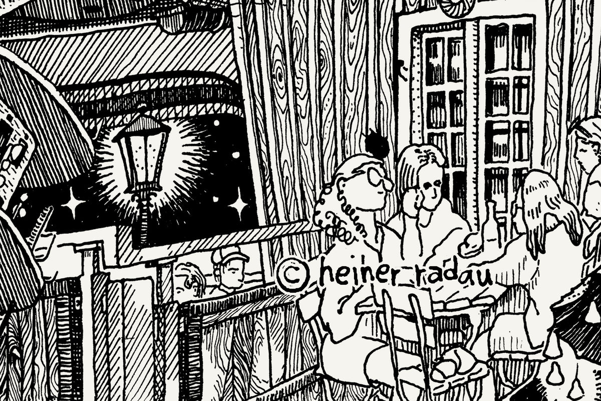 Close-up of the Munich ink drawing with the hand-written © heiner radau signature in the lower right corner