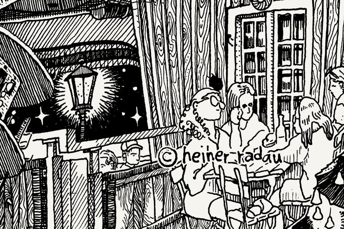 Close-up of the Munich ink drawing with the hand-written © heiner radau signature in the lower right corner