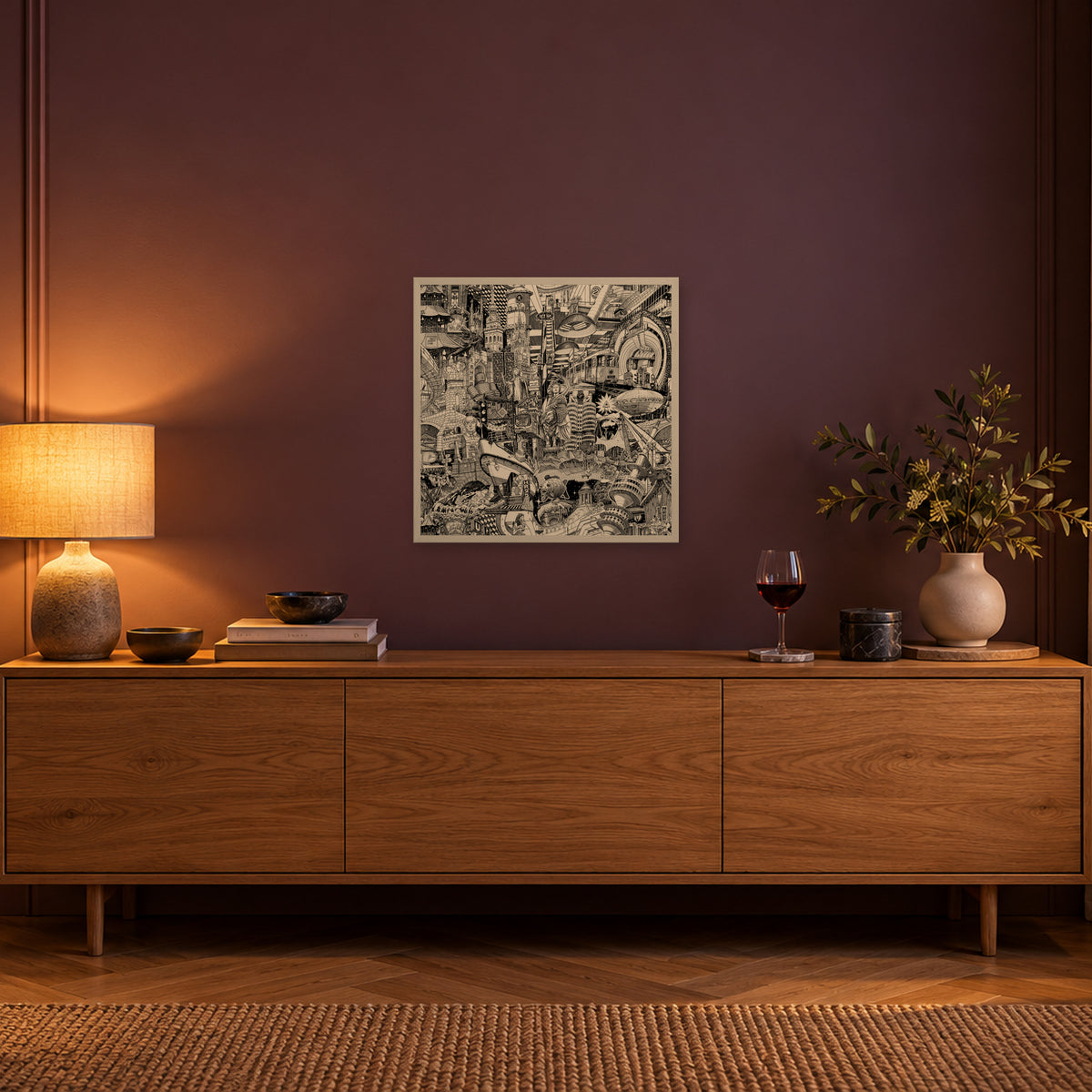 Munich fine art poster 50 × 50 cm in a white wood frame above an oak sideboard in warm evening light