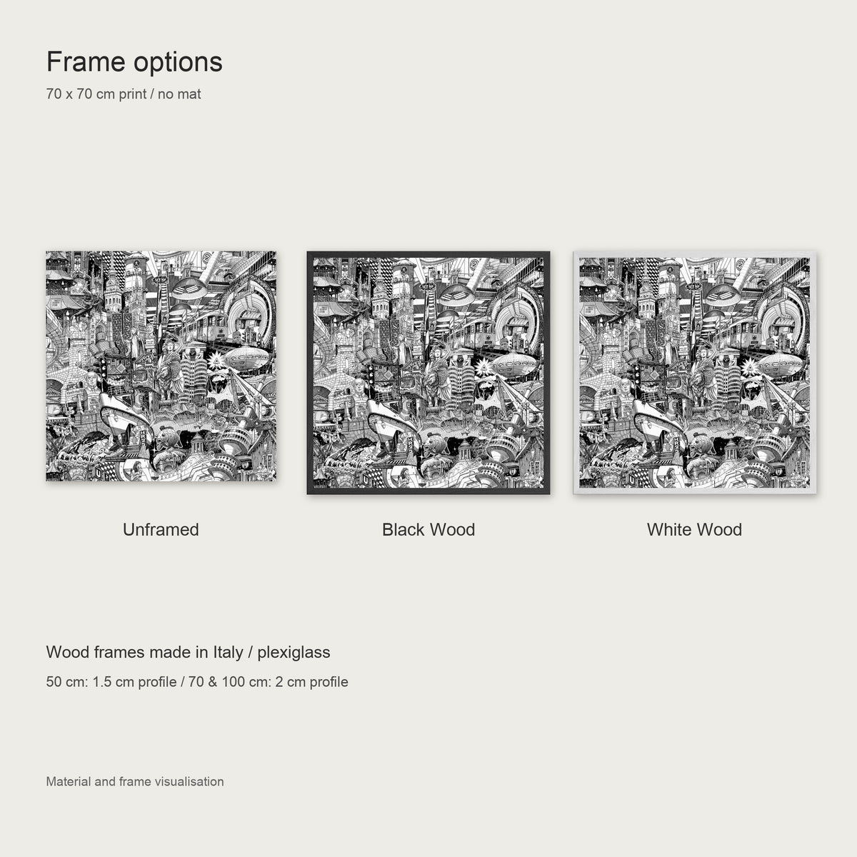 Frame options for the Munich fine art poster: unframed, black wood or white wood frame with plexiglass