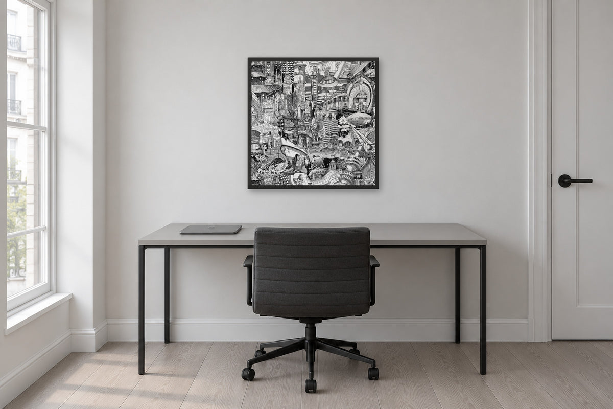 Munich fine art poster 50 × 50 cm in a black wood frame above a desk in a home office