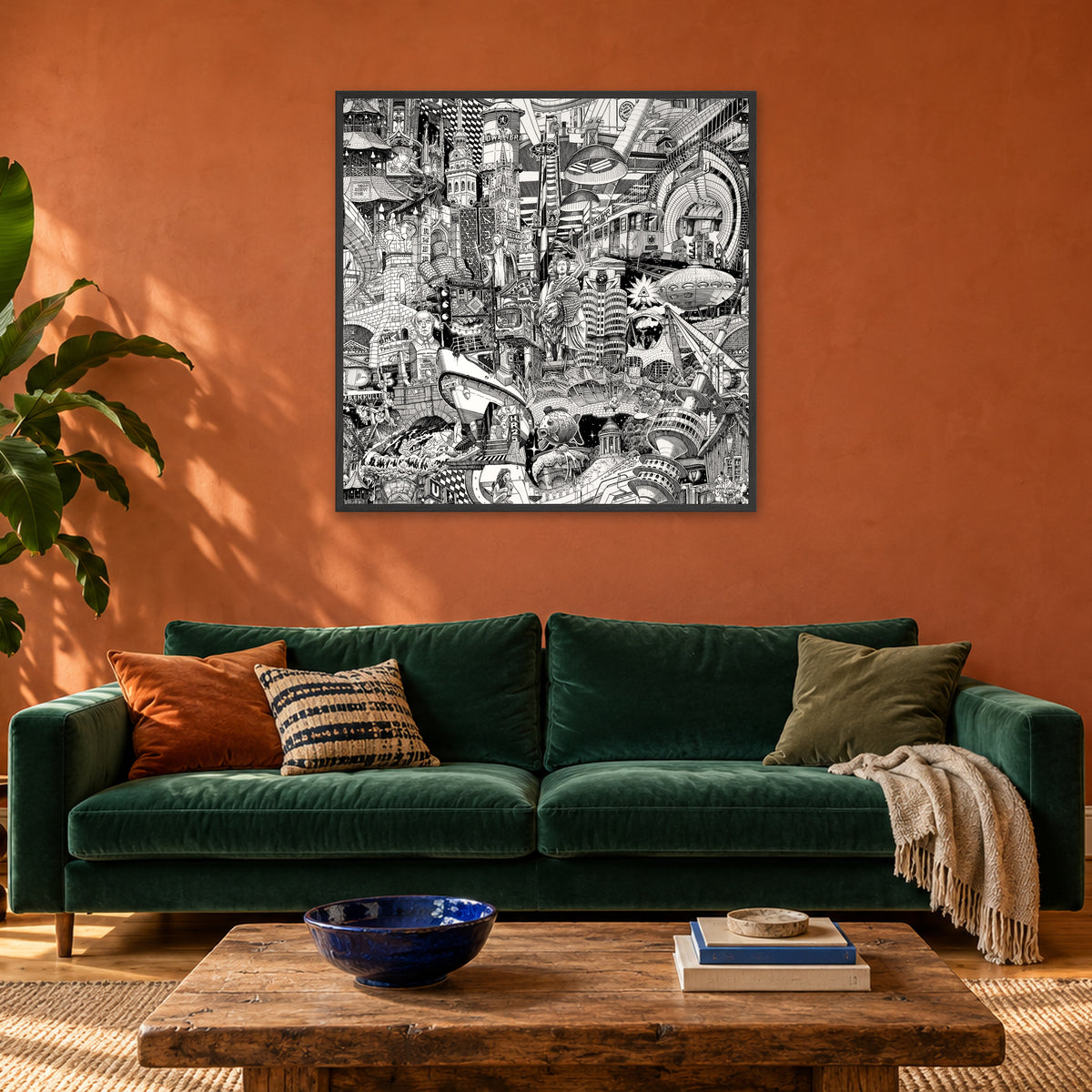 Munich fine art poster 100 × 100 cm in a black wood frame above a green velvet sofa in a terracotta living room