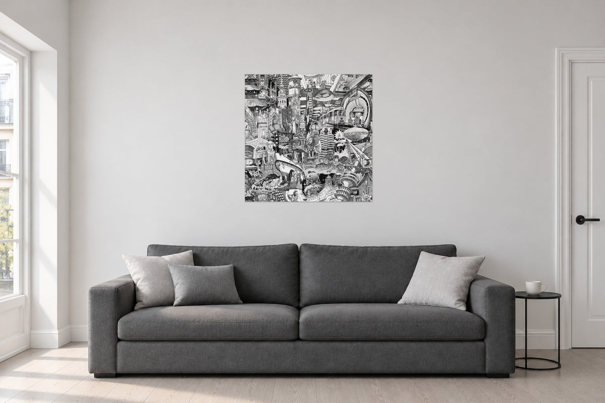 Unframed Munich fine art poster 70 × 70 cm above a sofa