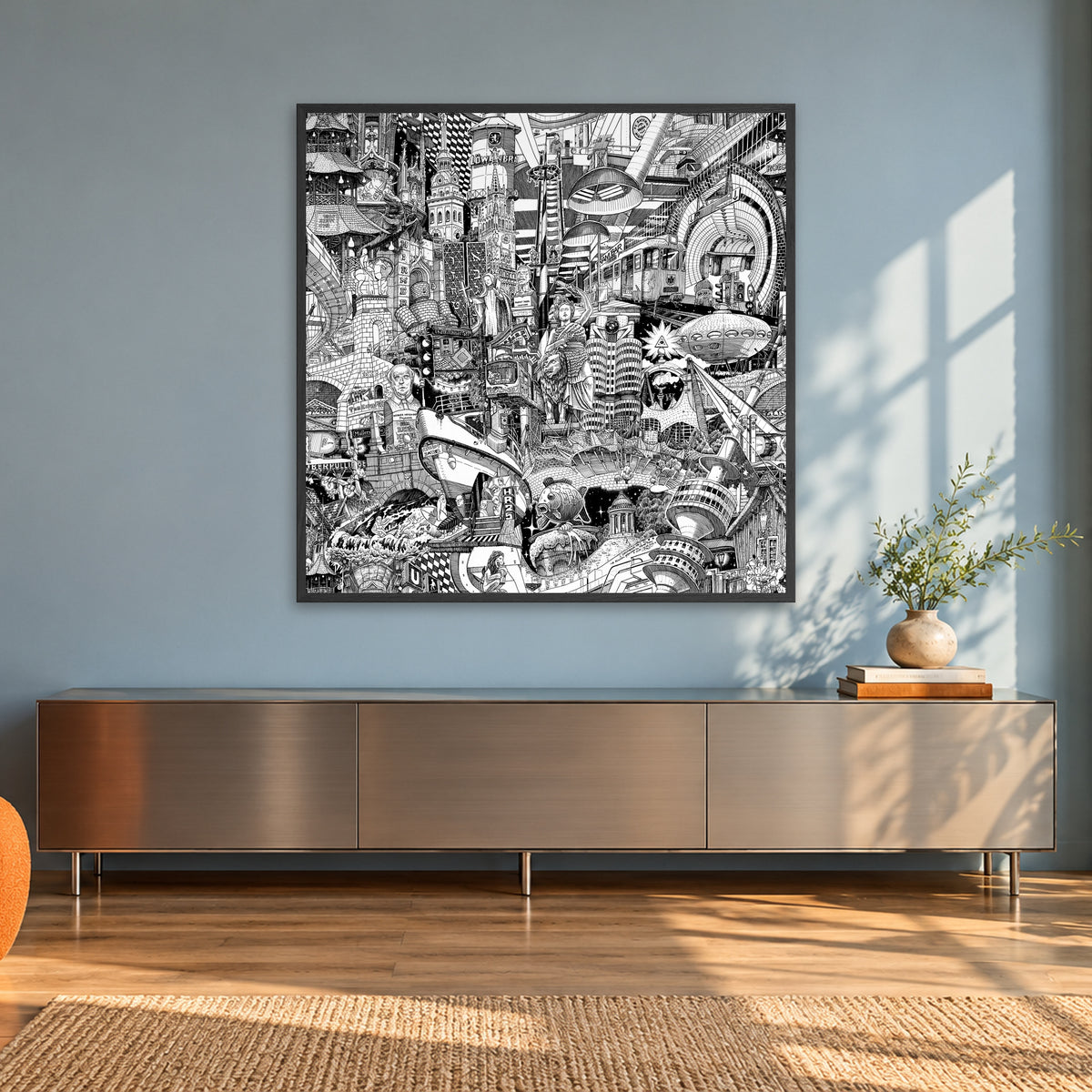 Munich fine art poster 100 × 100 cm in a black wood frame in a sunlit loft with an orange armchair