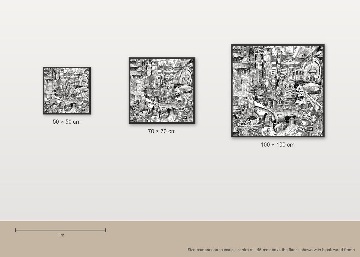 Size comparison of the Munich fine art poster in 50 × 50, 70 × 70 and 100 × 100 cm, to scale on a wall