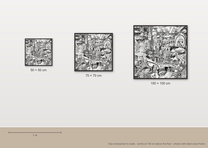 Size comparison of the Munich fine art poster in 50 × 50, 70 × 70 and 100 × 100 cm, to scale on a wall