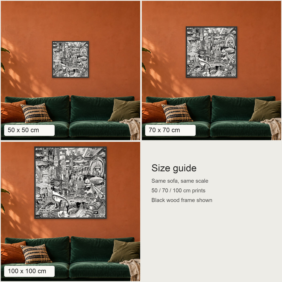Size guide: Munich fine art poster in 50 × 50, 70 × 70 and 100 × 100 cm above the same sofa, to scale