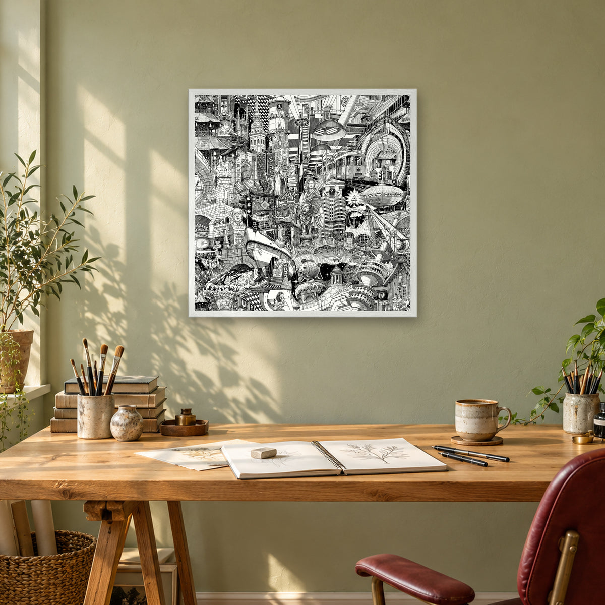 Munich fine art poster 50 × 50 cm in a white wood frame above a drawing desk in a sage-green studio
