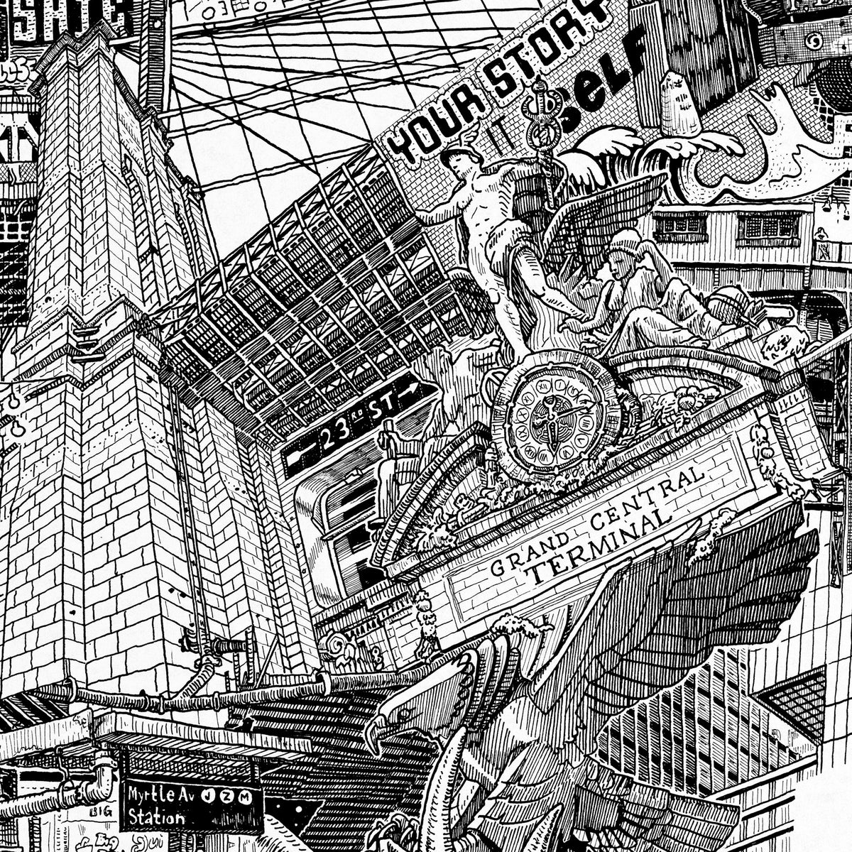 Close-up of the New York City pen and ink drawing printed on matte 230 g/m² fine art paper