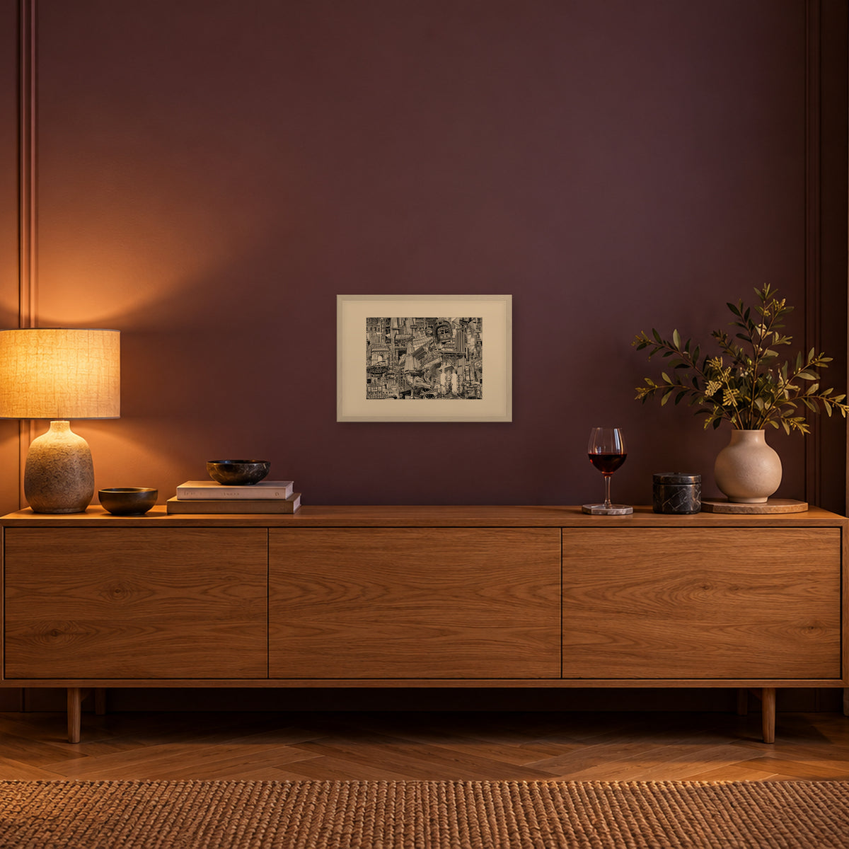 New York City fine art poster A3 landscape in a white wood frame with passepartout above an oak sideboard in evening light