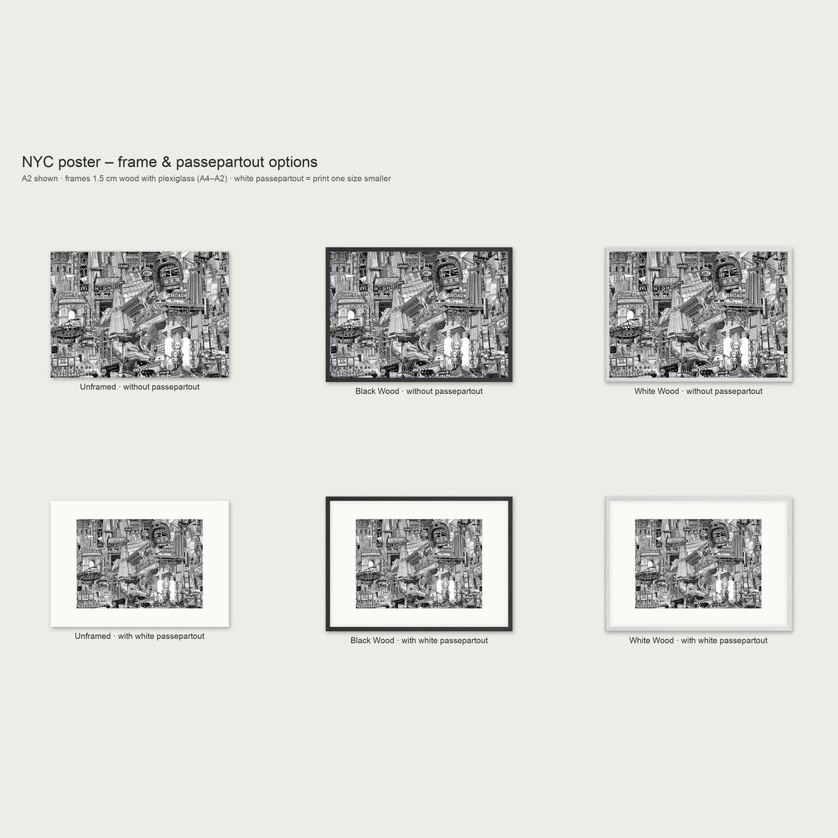Frame and passepartout options for the New York City landscape poster: unframed, black wood or white wood, with or without white passepartout