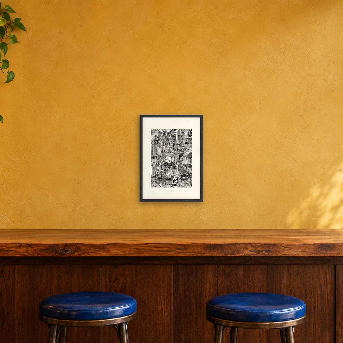 New York City fine art poster A3 portrait in a black wood frame with white passepartout above a café bar counter