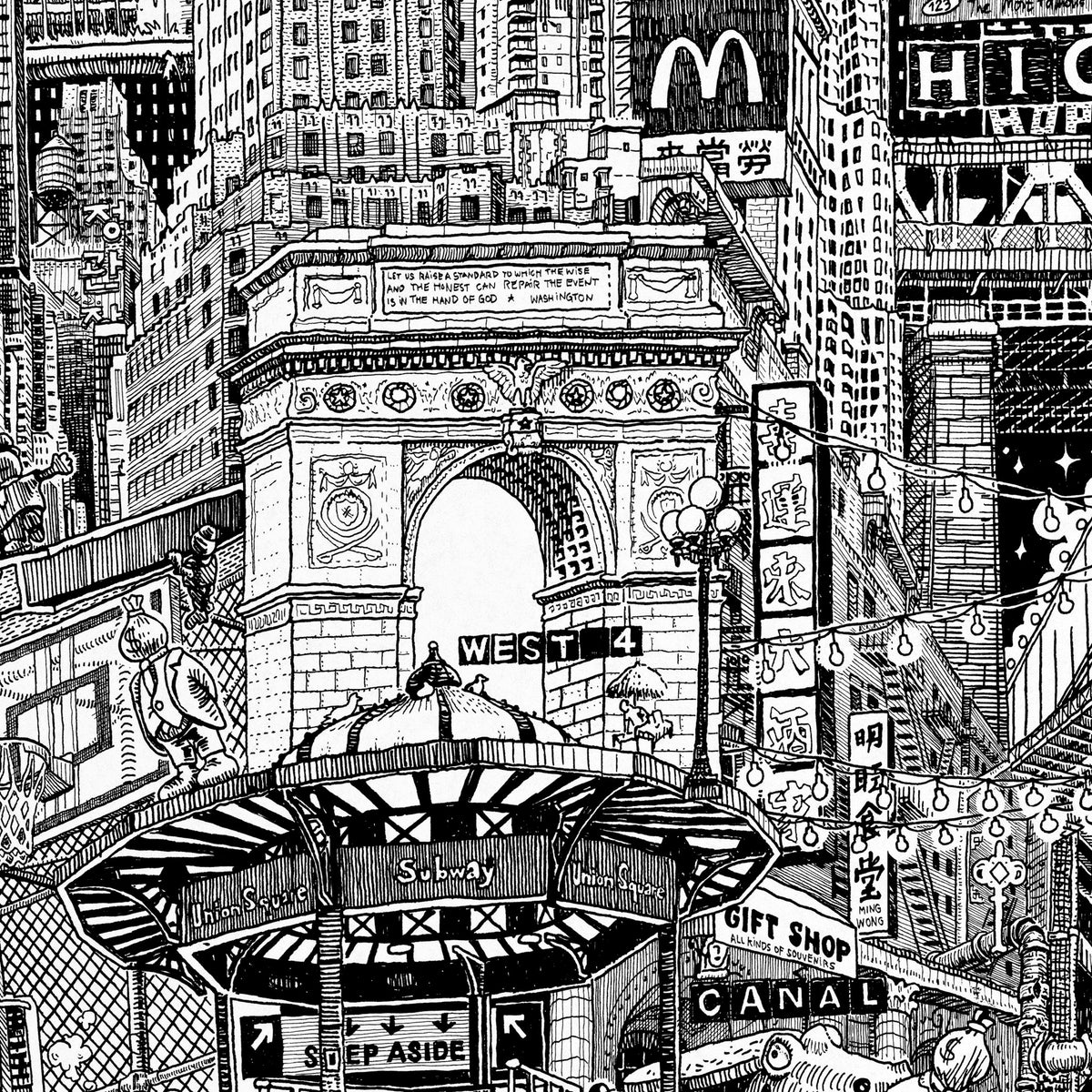 Close-up of the New York City pen and ink drawing printed on matte 230 g/m² fine art paper