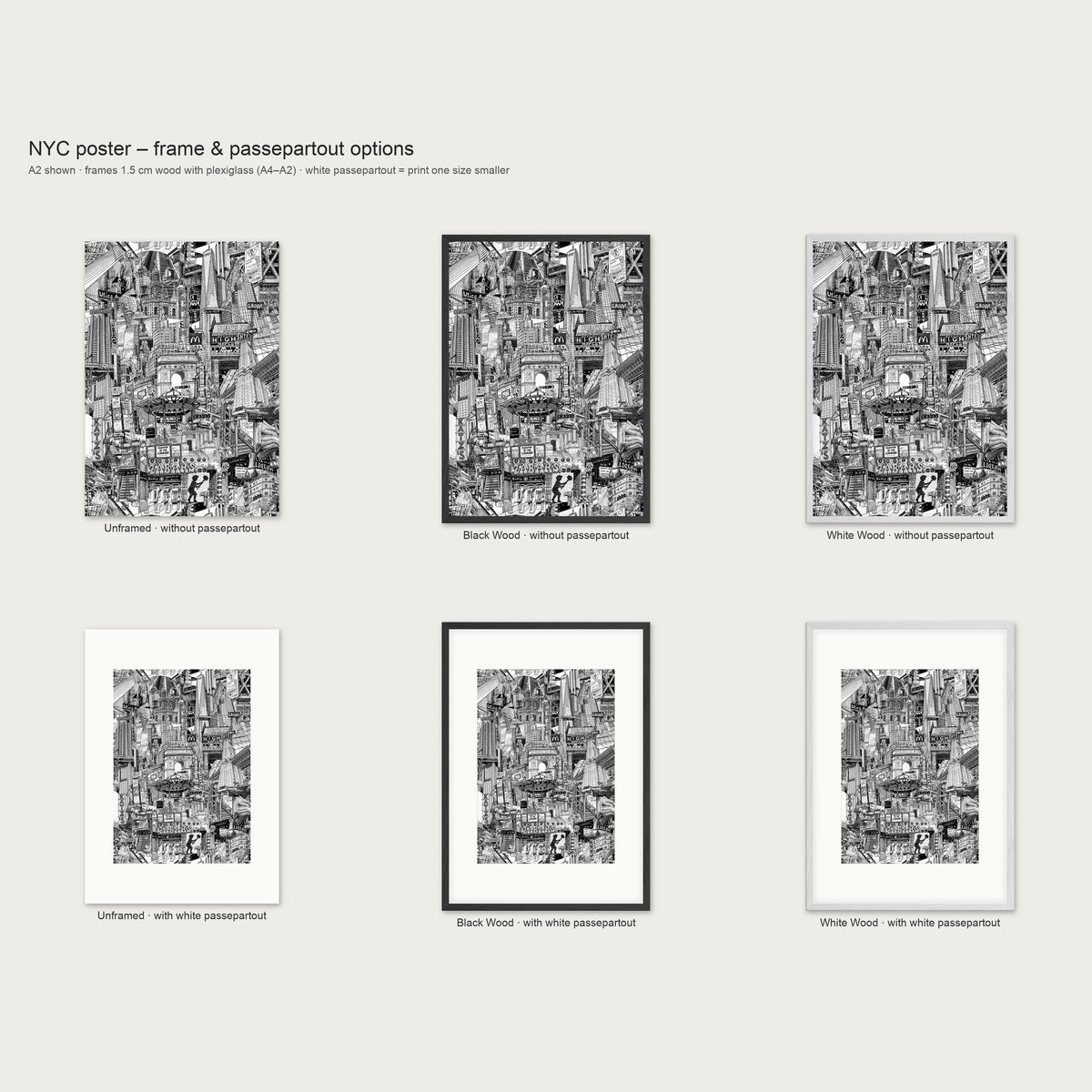 Frame and passepartout options for the New York City portrait poster: unframed, black wood or white wood, with or without white passepartout