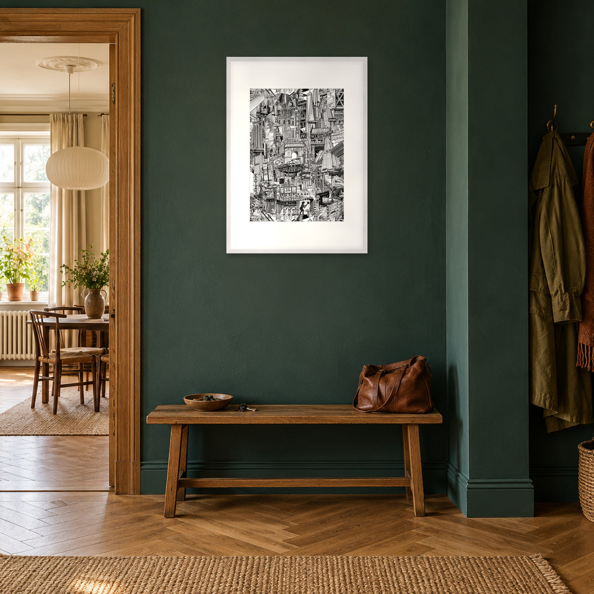 New York City fine art poster A1 portrait in a white wood frame with white passepartout in a petrol-green hallway above an oak bench