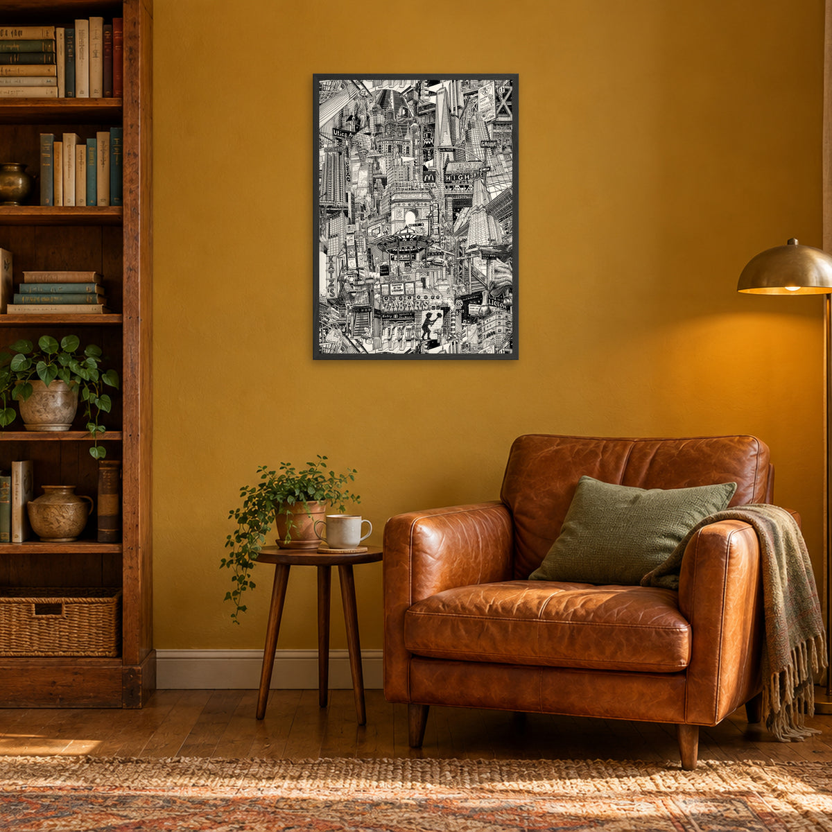 New York City fine art poster A1 portrait in a black wood frame above a leather armchair in a mustard-yellow reading corner