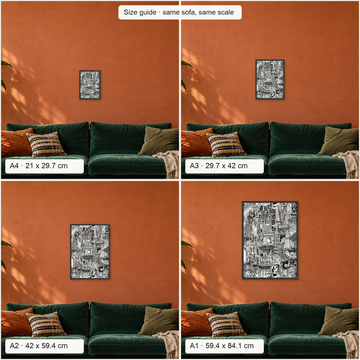 Size guide: New York City portrait poster in A4, A3, A2 and A1 above the same sofa, to scale