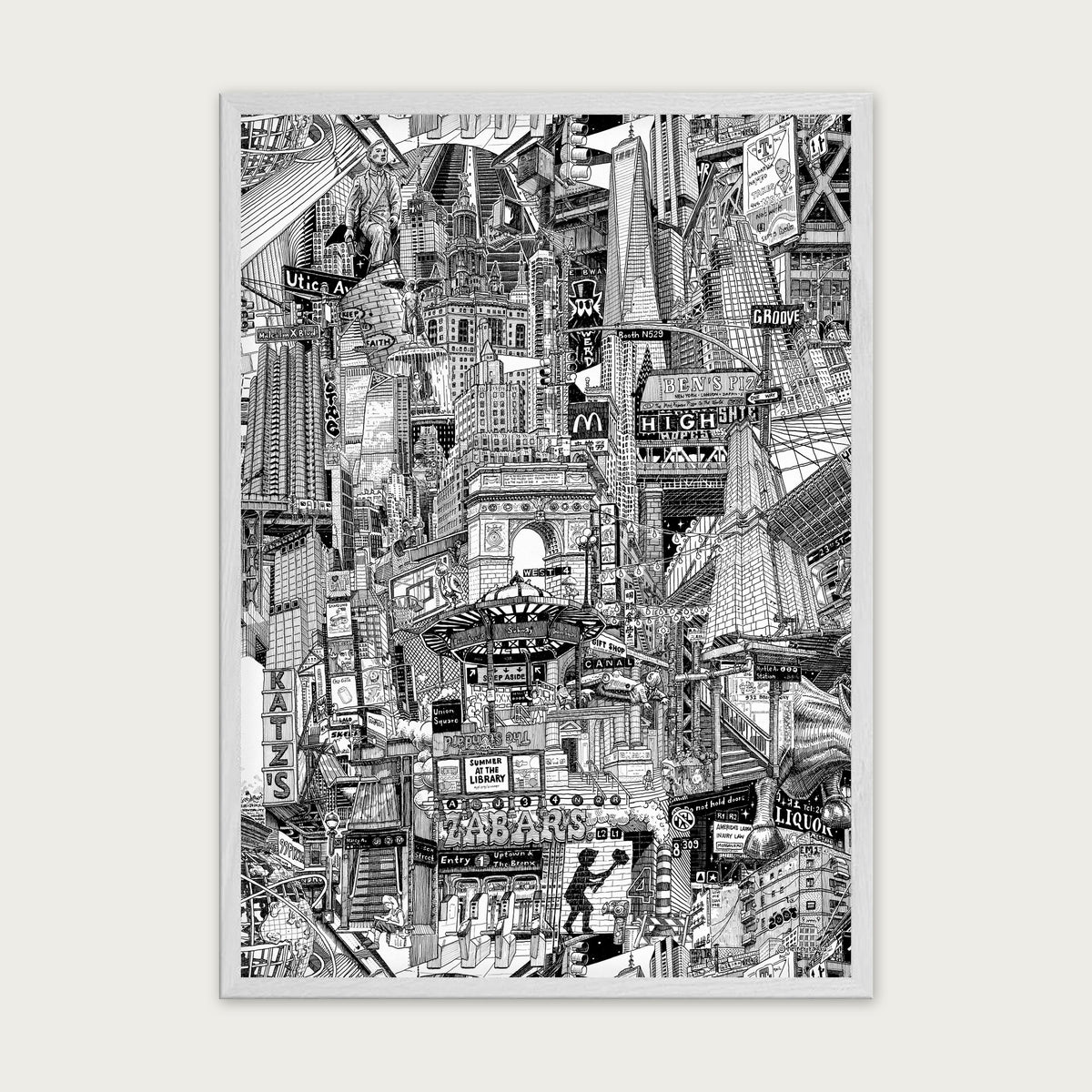 New York City fine art poster portrait in a white wood frame with plexiglass