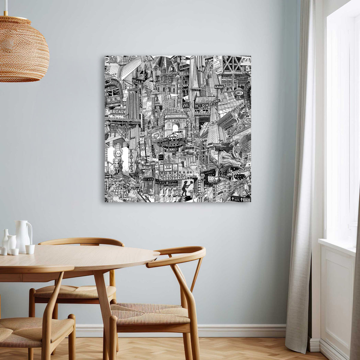 Unframed New York City canvas print on a dining room wall, featuring hand-drawn black and white city art with High Line and downtown street details.