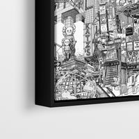 Close-up of a black framed NYC canvas print with Katz’s, KAWS, Unisphere, subway signs and detailed black ink city line art.
