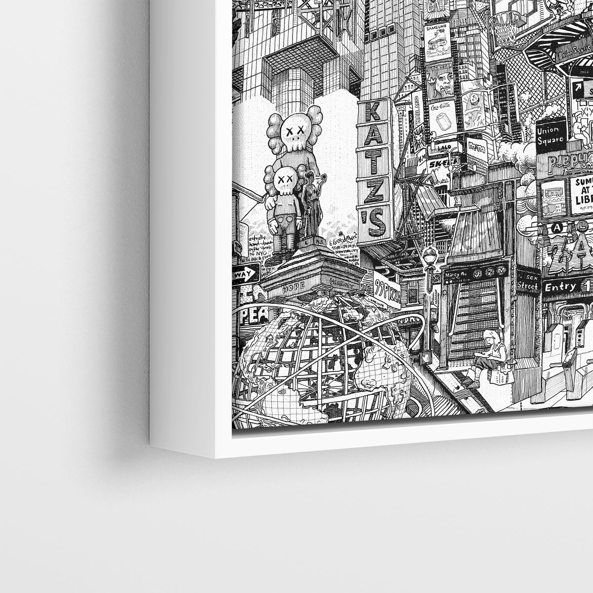White framed NYC canvas print detail with Katz’s, KAWS, Unisphere, subway references and dense black ink line art.