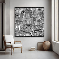 Large framed New York City canvas print on a gray wall, black and white urban art with Times Square, Chinatown and subway station details.