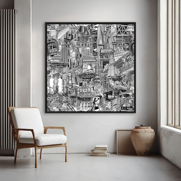 Large framed New York City canvas print on a gray wall, black and white urban art with Times Square, Chinatown and subway station details.