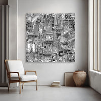 Large unframed NYC canvas print with hand-drawn city signs, buildings, subway elements, Katz’s, KAWS, Unisphere and street scenes.