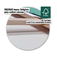Premium Poly-Cotton Canvas und FSC-zertifizierter Holzkeilrahmen im Detail — hochwertige Materialien fuer den Muenchen-Stadtkunst-Canvas von Heiner Radau.