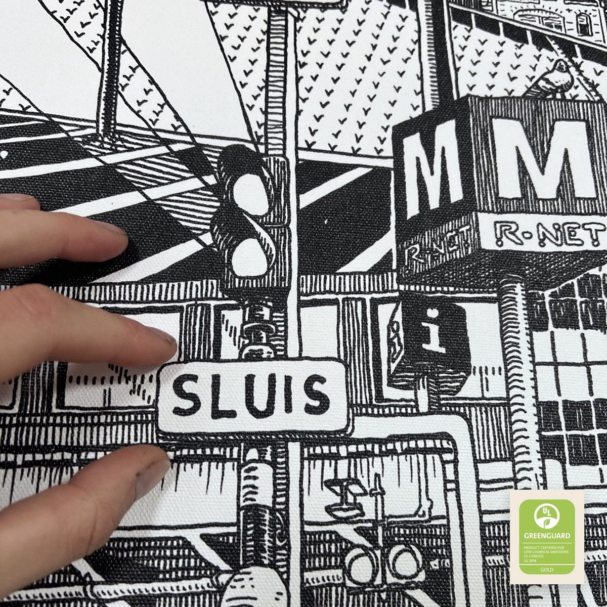 Close-up of the canvas print with razor-sharp pen lines, Greenguard Gold certified inks.