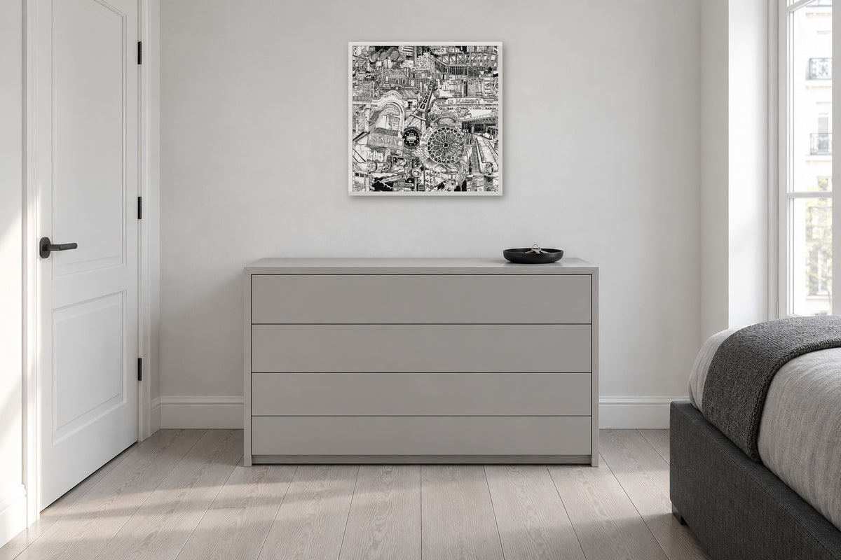 Paris fine art poster 50 × 50 cm in a white wood frame above a chest of drawers