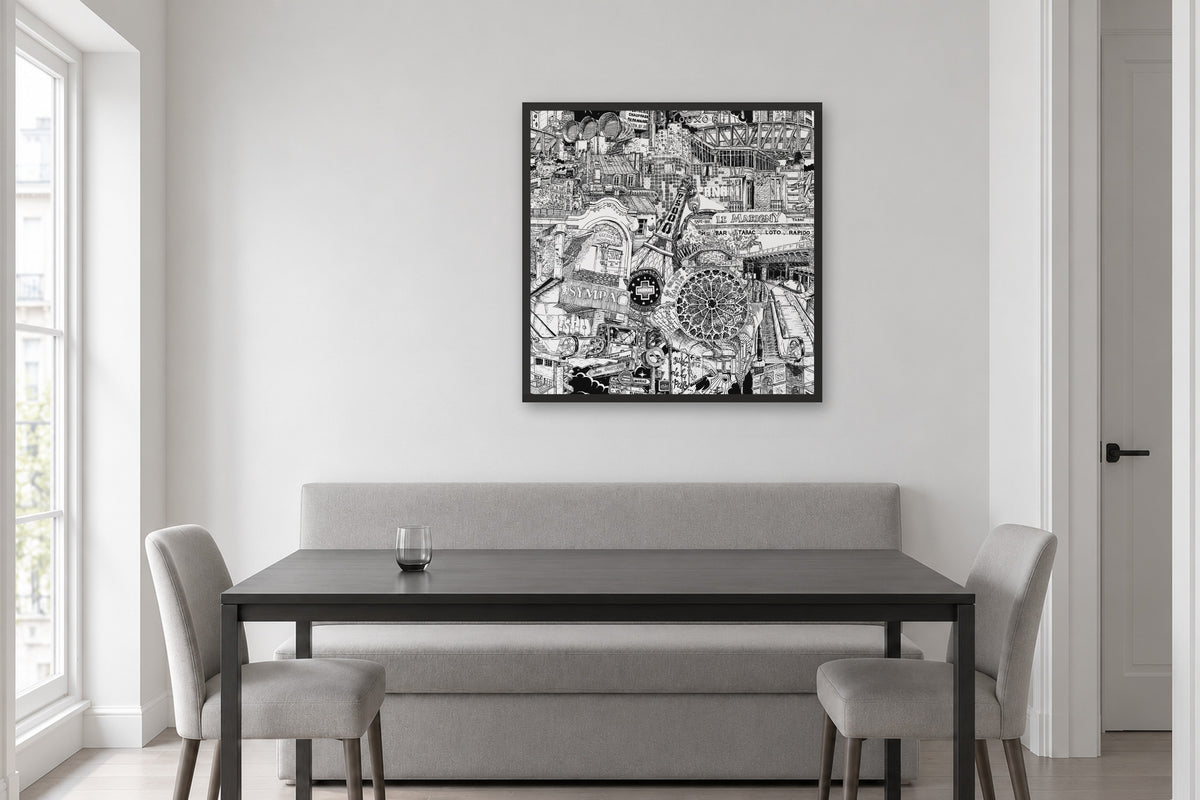 Paris fine art poster 70 × 70 cm in a black wood frame above a dining table