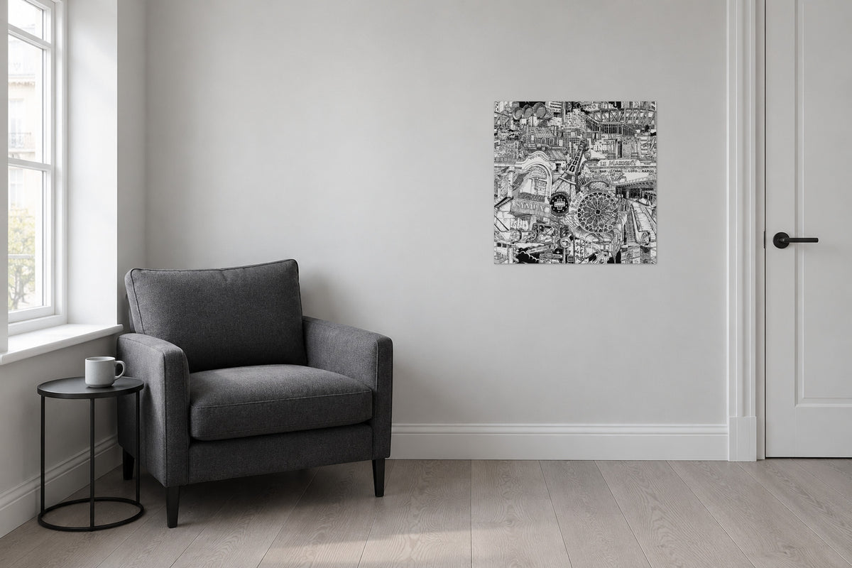 Unframed Paris fine art poster 50 × 50 cm in a reading corner with an armchair