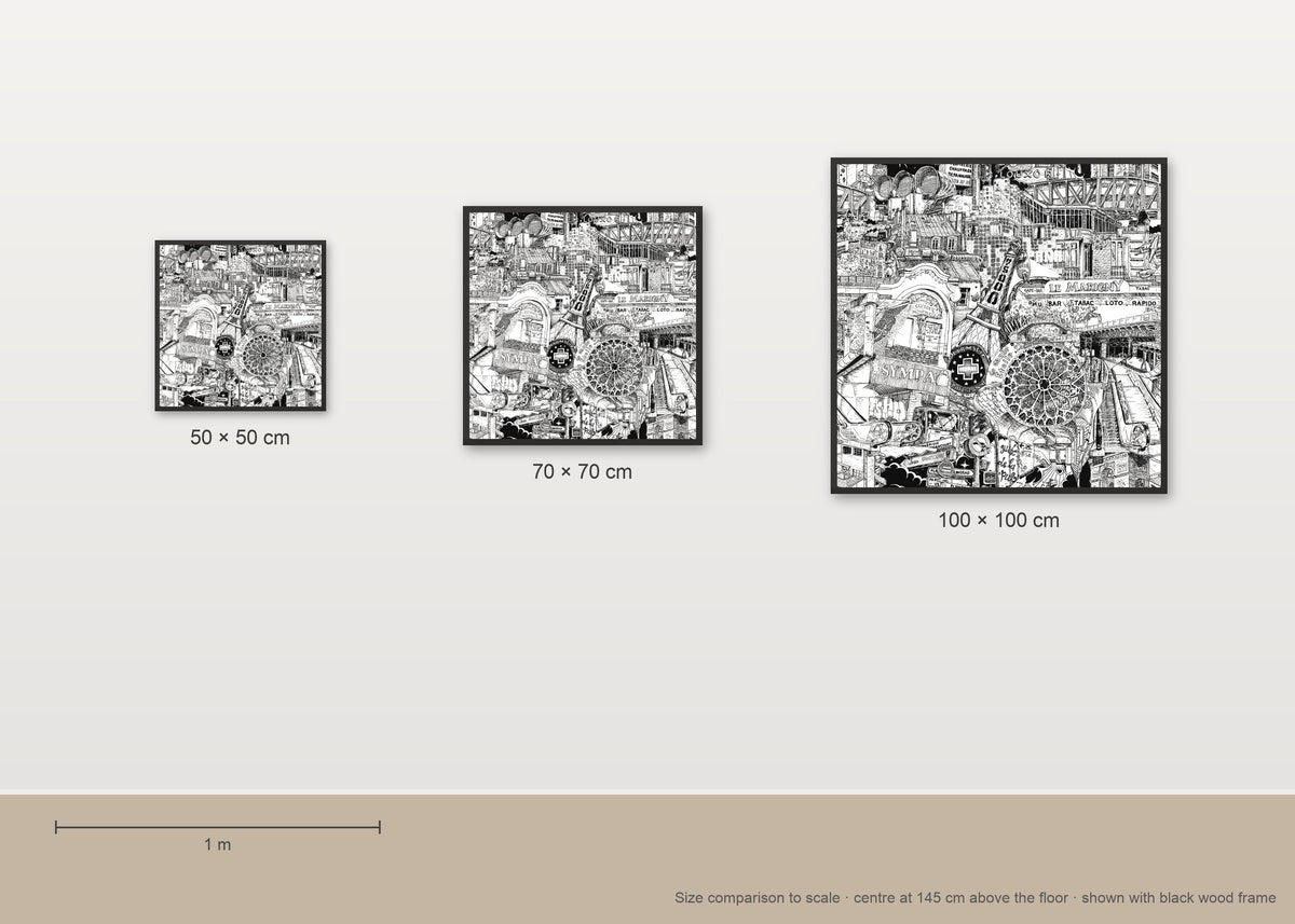 Size comparison of the Paris fine art poster in 50 × 50, 70 × 70 and 100 × 100 cm, to scale on a wall