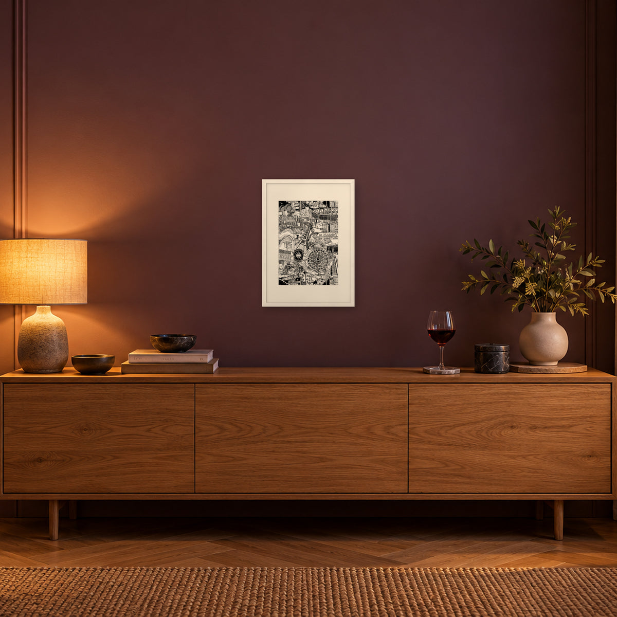 Paris fine art poster A3 portrait in a white wood frame with passepartout above an oak sideboard in evening light
