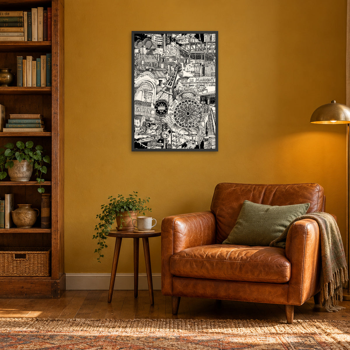 Paris fine art poster A1 portrait in a black wood frame above a leather armchair in a mustard-yellow reading corner