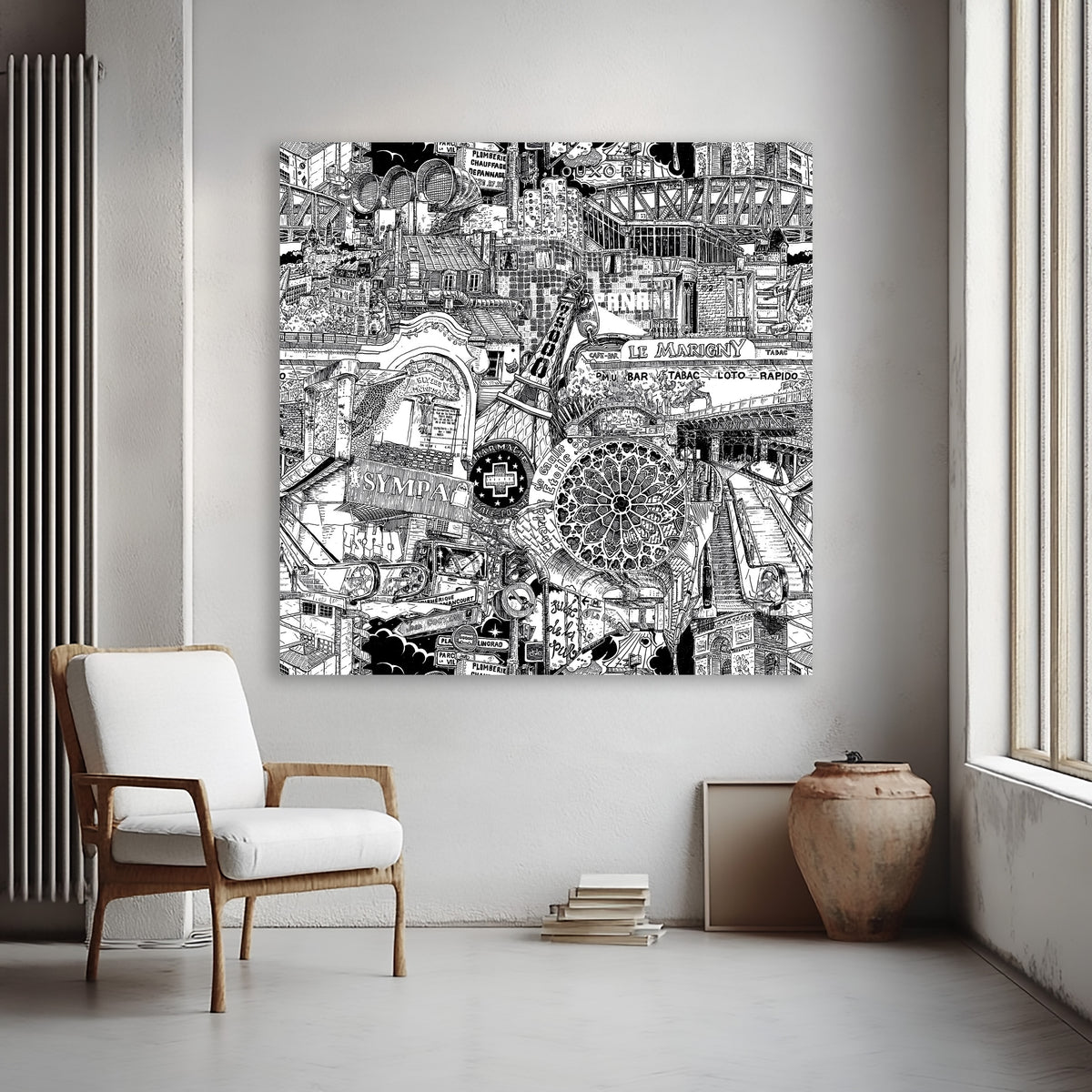 Large unframed Paris canvas print in a minimalist living room, a black and white hand-drawn city collage with Sacré-Cœur, Haussmann rooftops and Métro scenes.