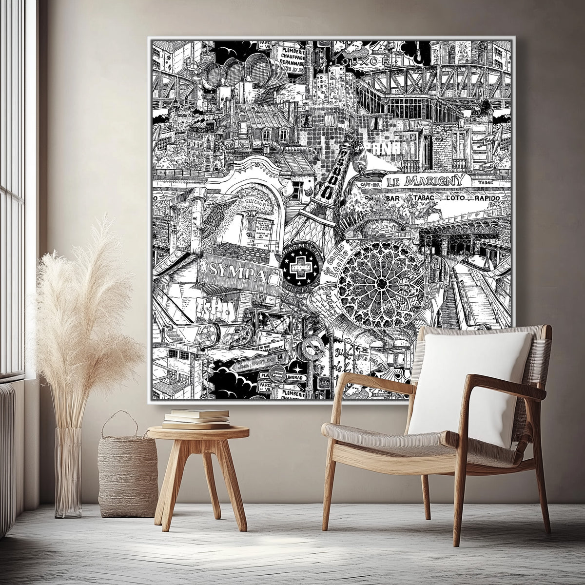 Grande toile parisienne encadrée en blanc, une fusion élégante de détails modernes et d’éléments classiques comme Notre-Dame et le Centre Pompidou.