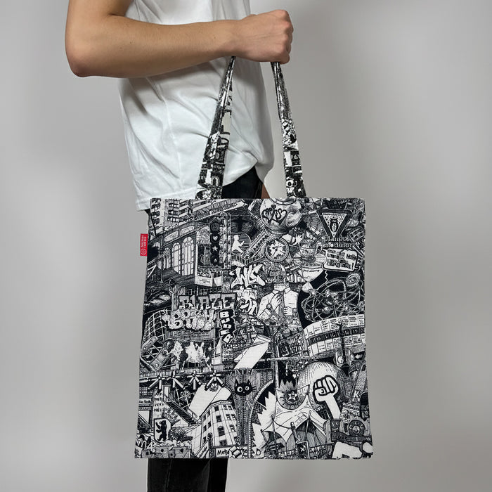 BERLIN tote bag hand-carried with black-and-white city collage print
